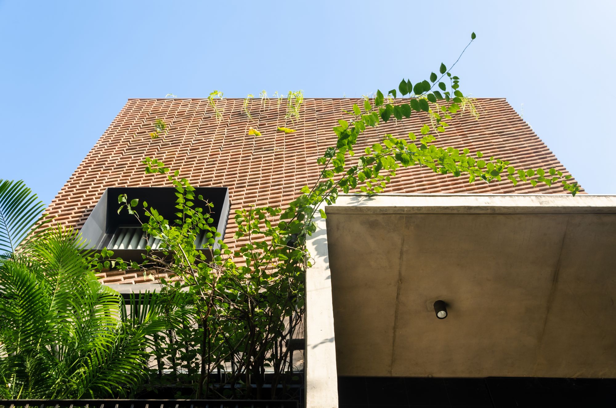 This compact house with a patterned brick façade softens the effect of a robust material palette by amalgamating with nature
